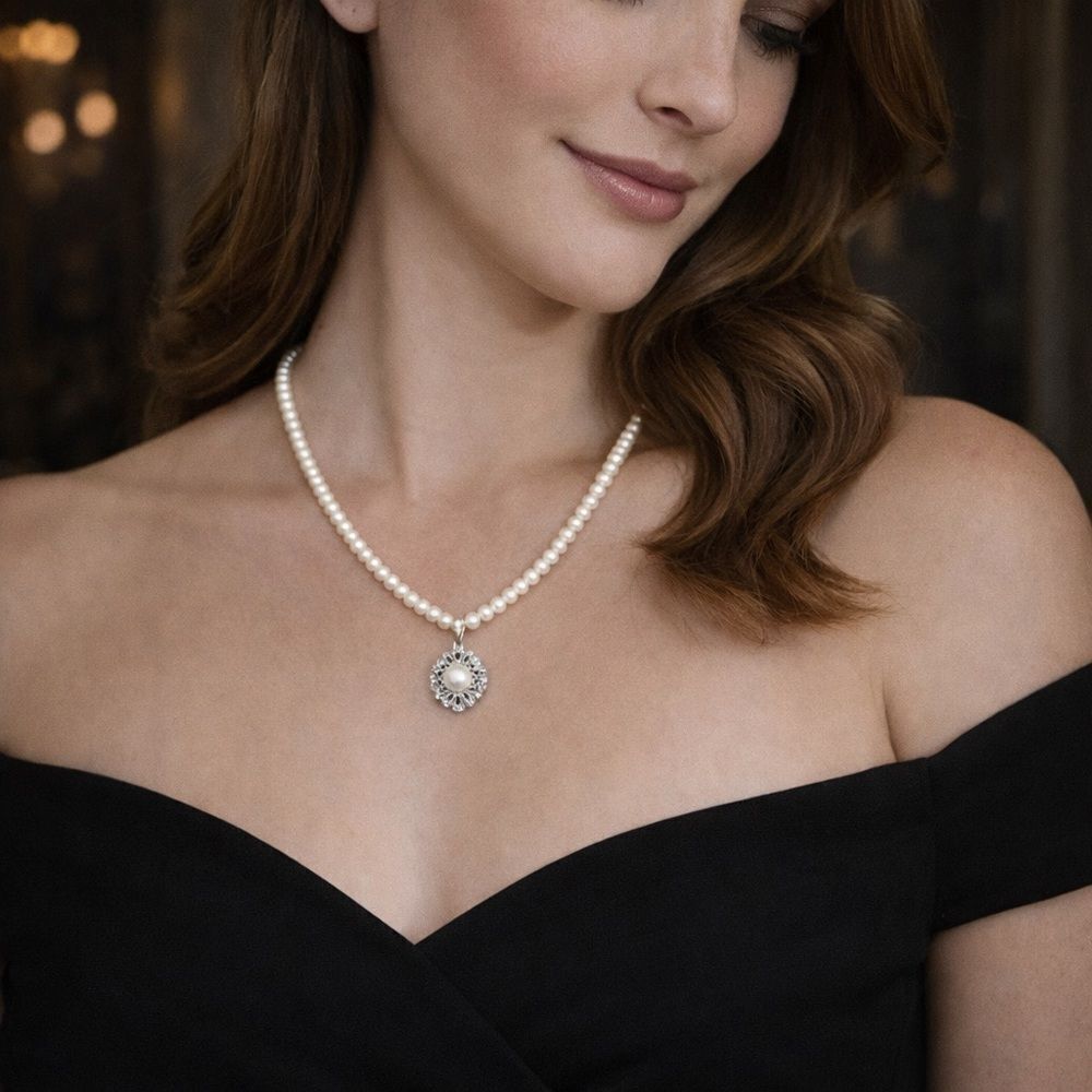 FORTUNOFF 14K Gold Genuine South Sea Pearl & Diamond Pedant Necklace + Box